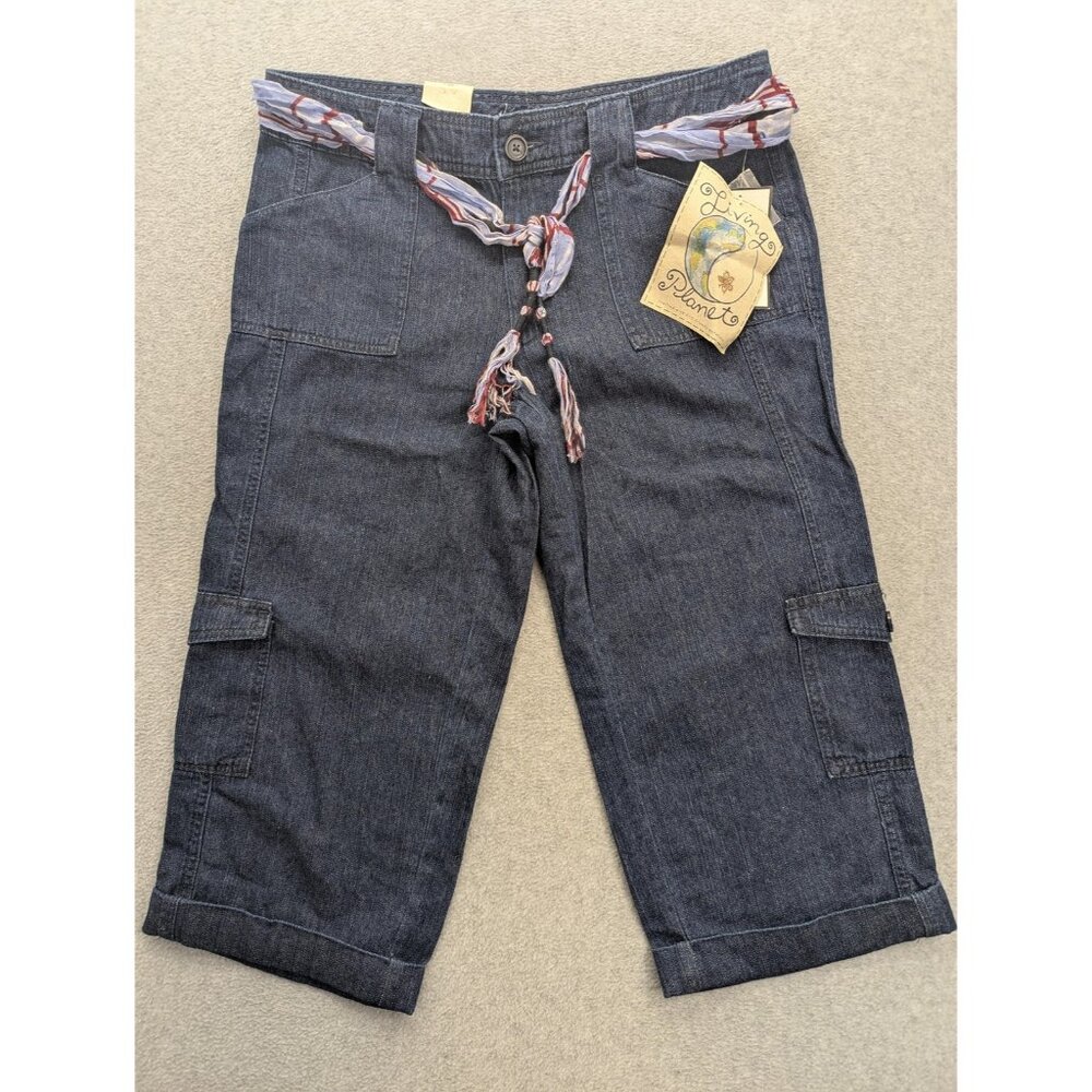 Living Planet Capri Pants Womens 12 Blue Dark Denim Cargo Belted Bermuda NWT